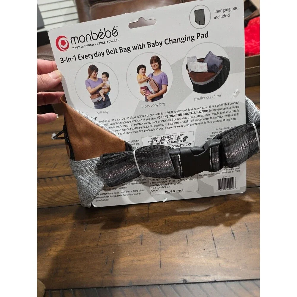 Monbebe 3 in 1 Everyday Belt bag with Changing Pad Grey & Brown Design NEW B18